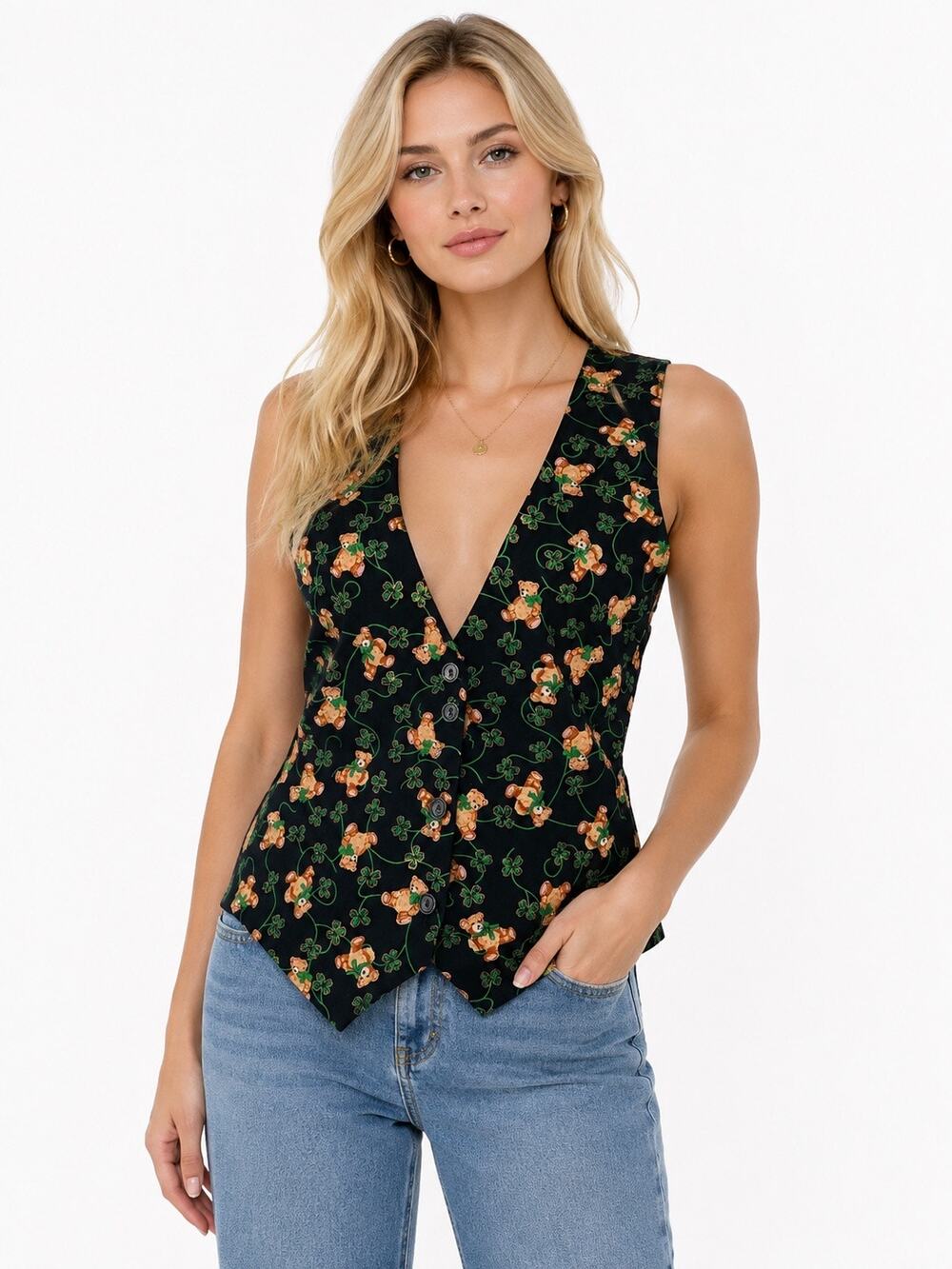 Vintage ‘90s 111 Main Teddy Bear & Four-Leaf Clover Print V-Neck Vest